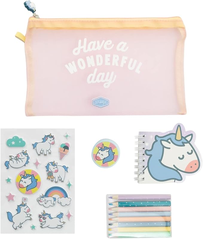 Astuccio per penne con set da scritttura ed accessori unicorno