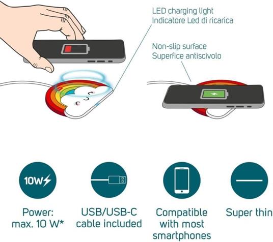 Caricabatterie Wireless per Smartphone Legami, Super Fast Wireless Charger Rainbow