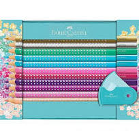 PASTELLI TRIANGOLARI SPARKLE + ACCESSORI SCATOLA IN METALLO TURCHESE DA 20 COLORI FABER-CASTELL